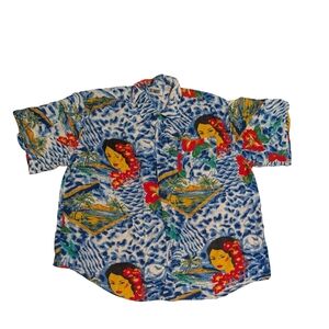 Vintage Islander 100% Rayon  Hawaiian Button Down Shirt Art All Over Print Sz XL